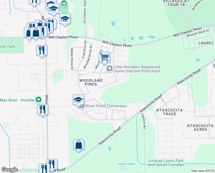 map of restaurants, bars, coffee shops, grocery stores, and more near 9535 Barr Spring Drive in Humble