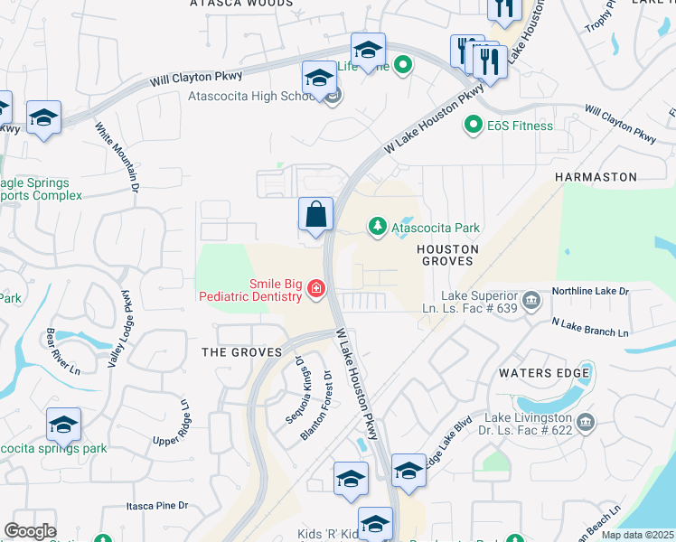 map of restaurants, bars, coffee shops, grocery stores, and more near 17250 West Lake Houston Parkway in Humble