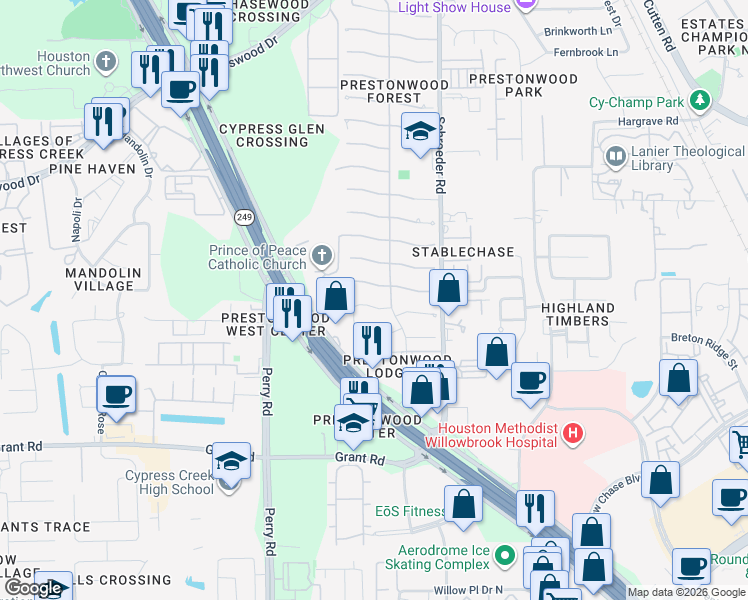 map of restaurants, bars, coffee shops, grocery stores, and more near 8207 Coolshire Lane in Houston