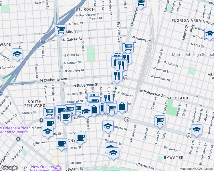 map of restaurants, bars, coffee shops, grocery stores, and more near 2447 North Robertson Street in New Orleans