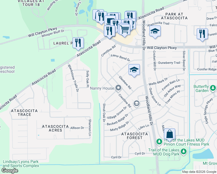 map of restaurants, bars, coffee shops, grocery stores, and more near 17418 Crestline Road in Humble