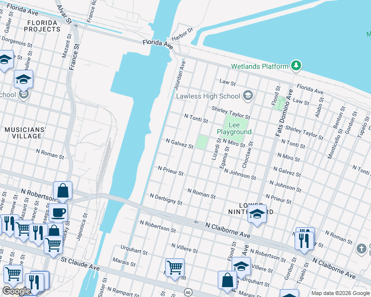 map of restaurants, bars, coffee shops, grocery stores, and more near 2043 Tennessee Street in New Orleans
