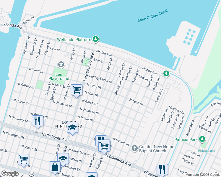 map of restaurants, bars, coffee shops, grocery stores, and more near 2330 Benton Street in New Orleans