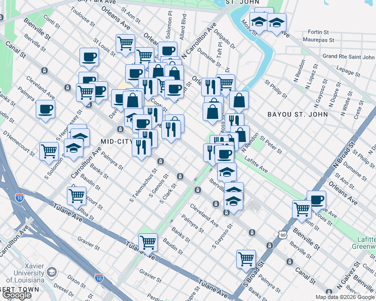 map of restaurants, bars, coffee shops, grocery stores, and more near 3614 Bienville Street in New Orleans