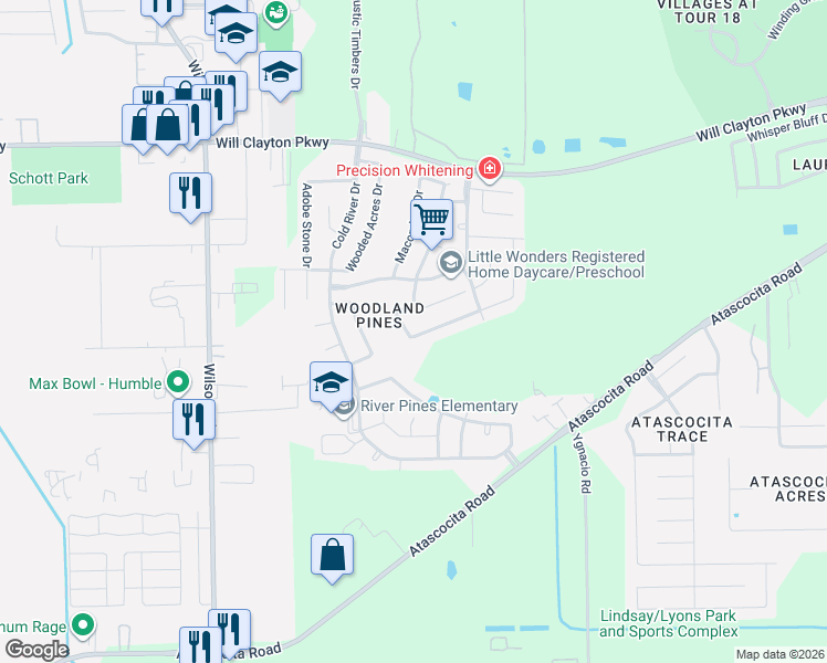 map of restaurants, bars, coffee shops, grocery stores, and more near 2118 Pickwick Pine Drive in Humble