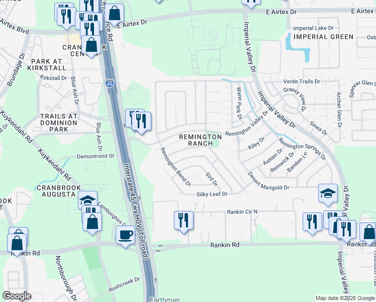 map of restaurants, bars, coffee shops, grocery stores, and more near 414 Remington Ridge Drive in Houston