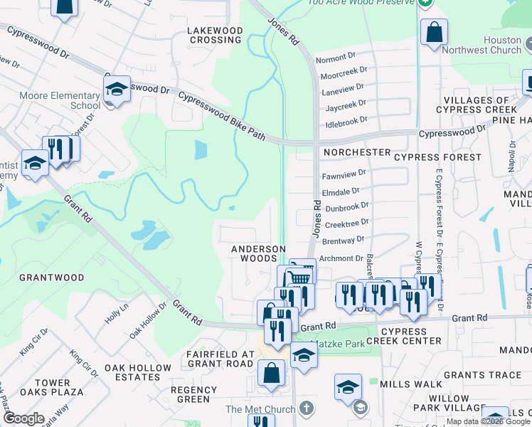 map of restaurants, bars, coffee shops, grocery stores, and more near 13723 Anderson Woods Drive in Houston
