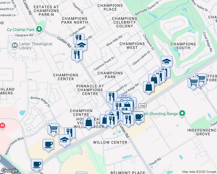 map of restaurants, bars, coffee shops, grocery stores, and more near 6903 Mossridge Drive in Houston