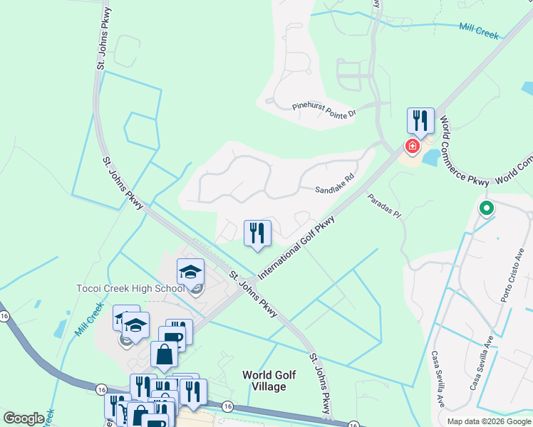map of restaurants, bars, coffee shops, grocery stores, and more near 320 Ryder Cup Circle in St. Augustine