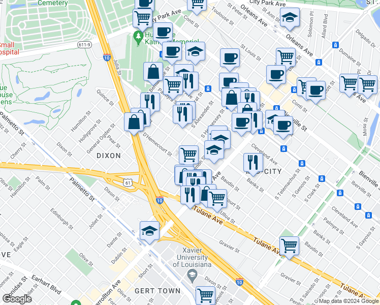 map of restaurants, bars, coffee shops, grocery stores, and more near South Hennessey Street in New Orleans