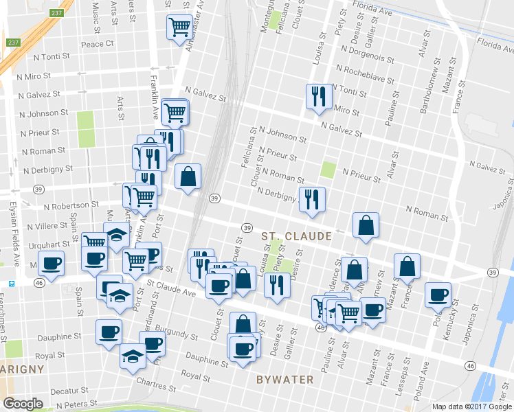 map of restaurants, bars, coffee shops, grocery stores, and more near 3121 North Claiborne Avenue in New Orleans
