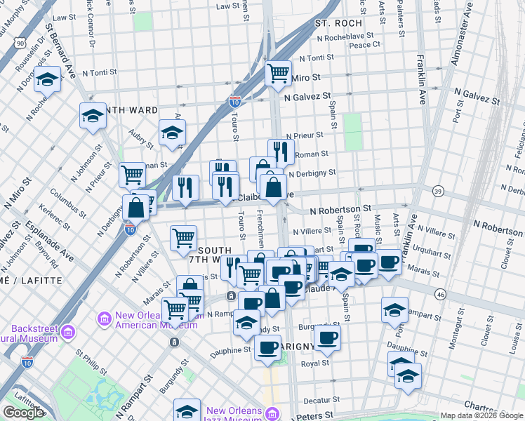 map of restaurants, bars, coffee shops, grocery stores, and more near 2102 North Claiborne Avenue in New Orleans