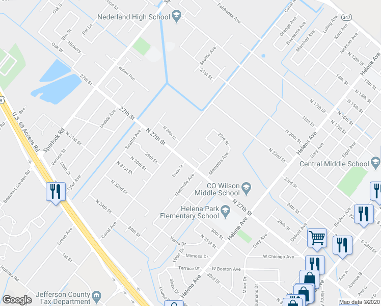 map of restaurants, bars, coffee shops, grocery stores, and more near 1516 North 26th Street in Nederland