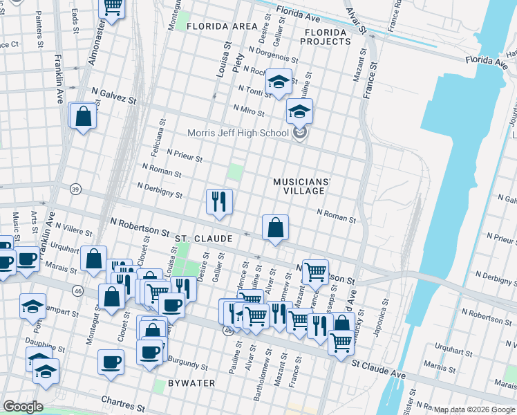 map of restaurants, bars, coffee shops, grocery stores, and more near 1737 Independence Street in New Orleans