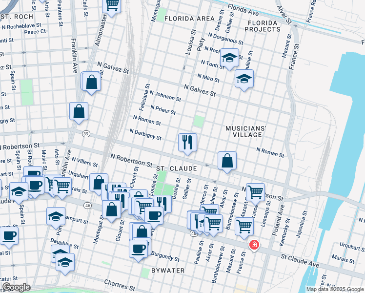 map of restaurants, bars, coffee shops, grocery stores, and more near 3334A North Derbigny Street in New Orleans