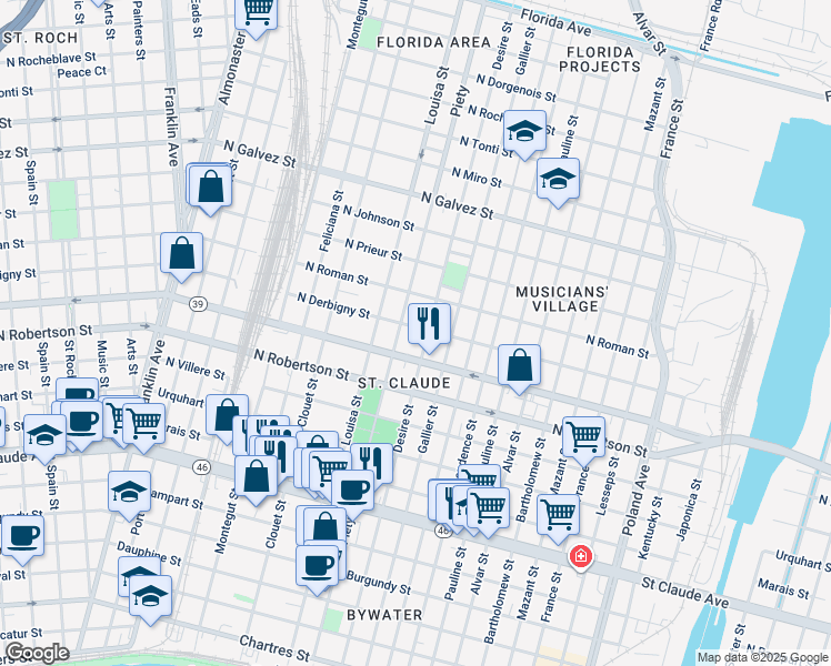 map of restaurants, bars, coffee shops, grocery stores, and more near 3334A North Derbigny Street in New Orleans