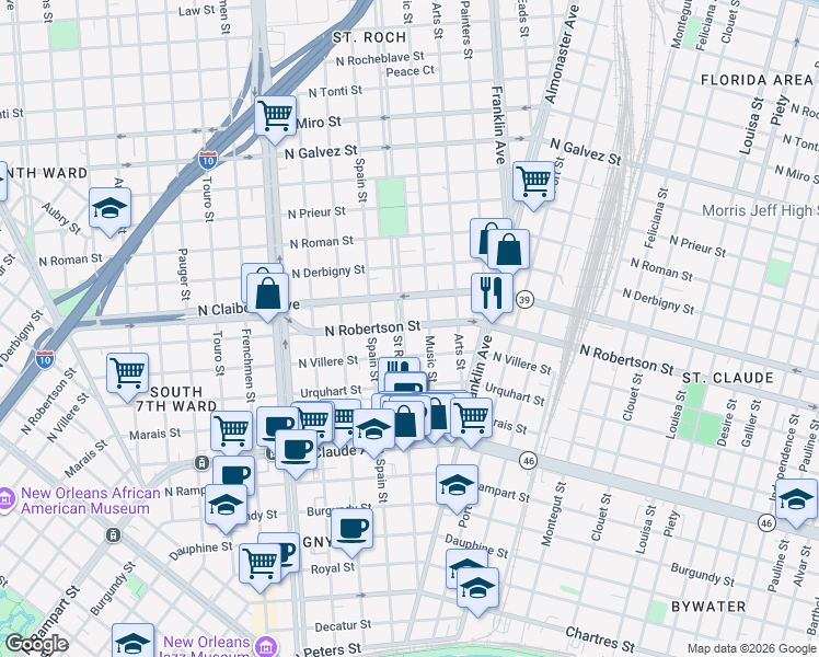 map of restaurants, bars, coffee shops, grocery stores, and more near 1500 Saint Roch Avenue in New Orleans