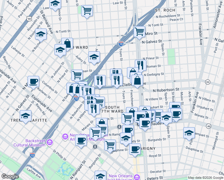 map of restaurants, bars, coffee shops, grocery stores, and more near 1814 North Claiborne Avenue in New Orleans