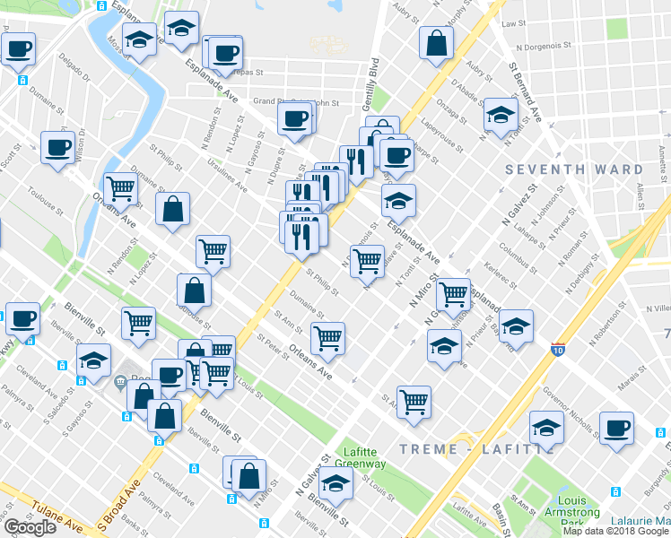 map of restaurants, bars, coffee shops, grocery stores, and more near 2628 Ursulines Avenue in New Orleans