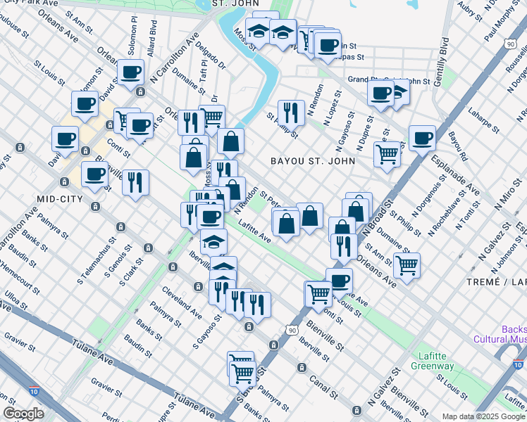 map of restaurants, bars, coffee shops, grocery stores, and more near 3141 Toulouse Street in New Orleans