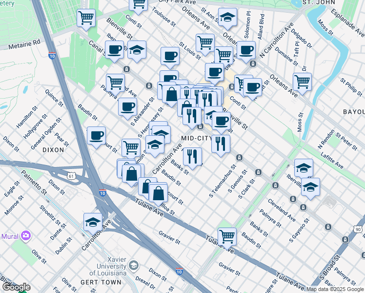 map of restaurants, bars, coffee shops, grocery stores, and more near 4610 South Carrollton Avenue in New Orleans