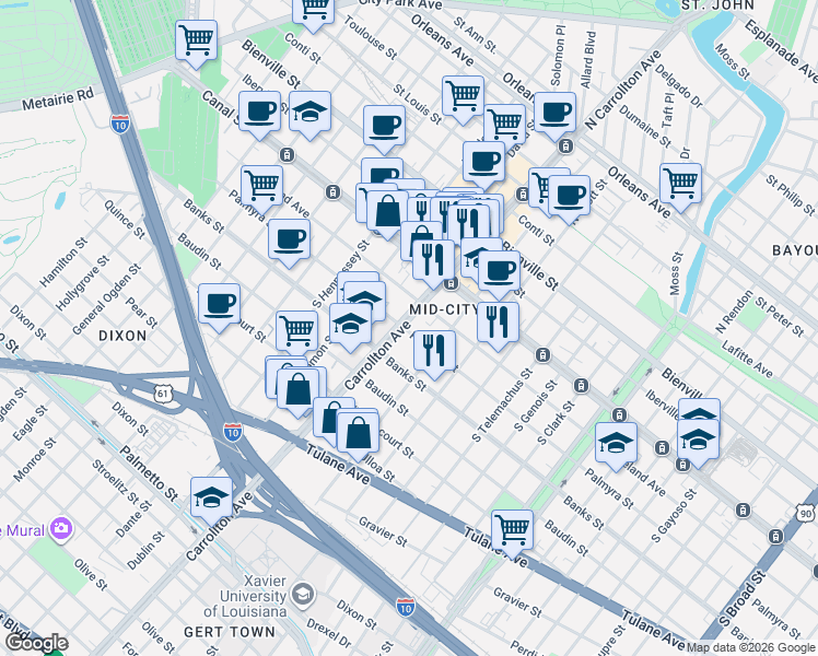 map of restaurants, bars, coffee shops, grocery stores, and more near 4610 South Carrollton Avenue in New Orleans