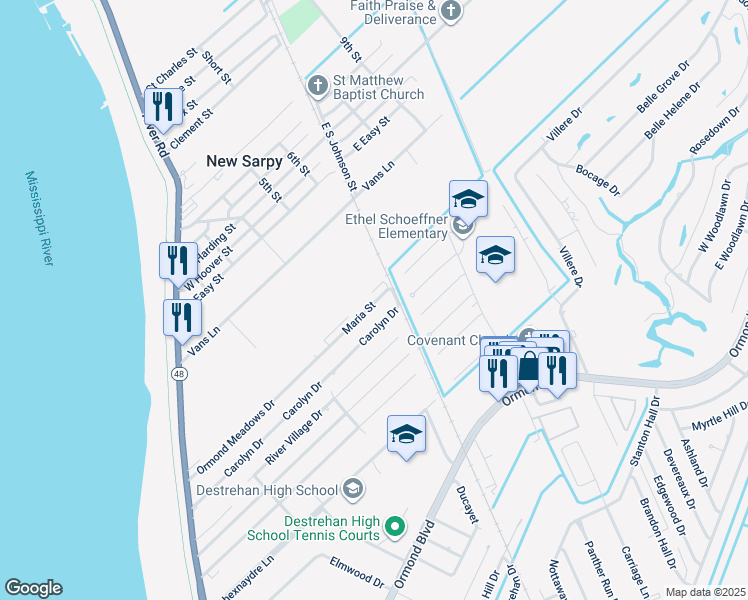 map of restaurants, bars, coffee shops, grocery stores, and more near 10 Maria Street in Destrehan