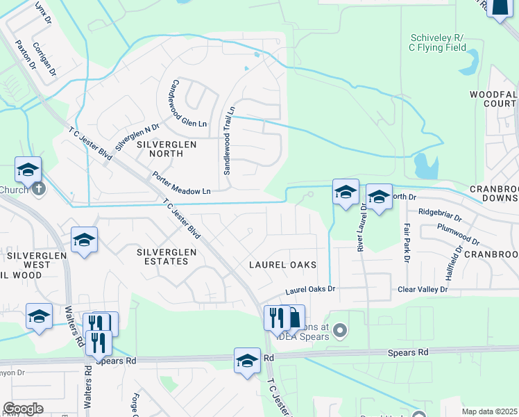 map of restaurants, bars, coffee shops, grocery stores, and more near 2202 Laurel Birch Drive in Houston