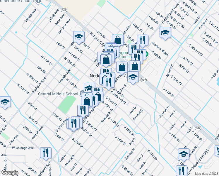 map of restaurants, bars, coffee shops, grocery stores, and more near 1416 Nederland Avenue in Nederland