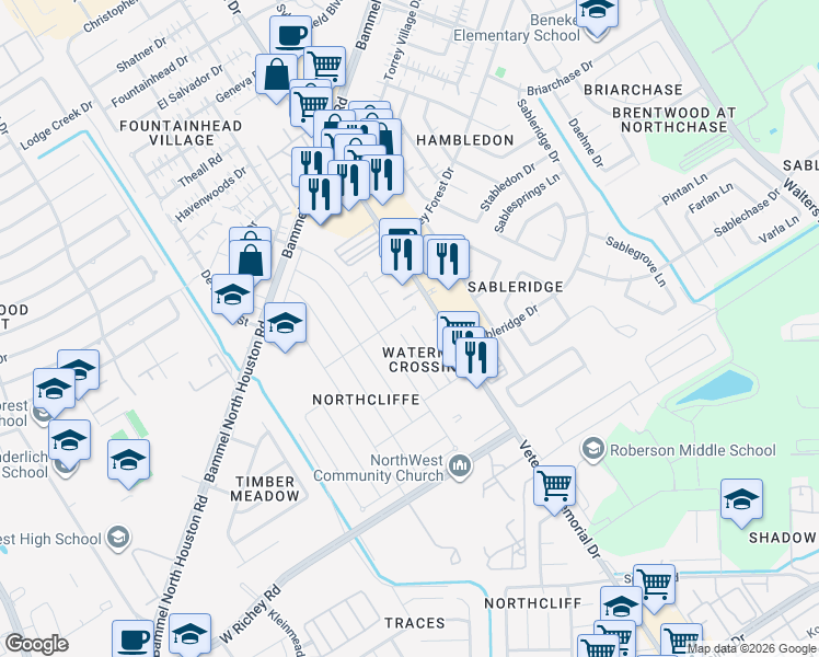 map of restaurants, bars, coffee shops, grocery stores, and more near 12951 Blackpool Lane in Houston