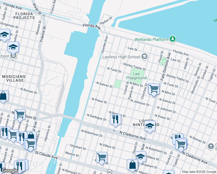 map of restaurants, bars, coffee shops, grocery stores, and more near 2043 Tennessee Street in New Orleans