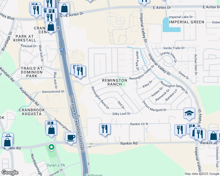 map of restaurants, bars, coffee shops, grocery stores, and more near 414 Remington Ridge Drive in Houston