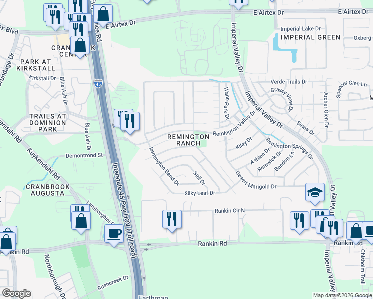 map of restaurants, bars, coffee shops, grocery stores, and more near 414 Remington Ridge Drive in Houston