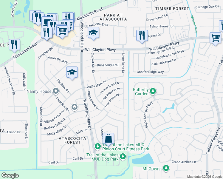map of restaurants, bars, coffee shops, grocery stores, and more near 4211 Old Arbor Way in Humble