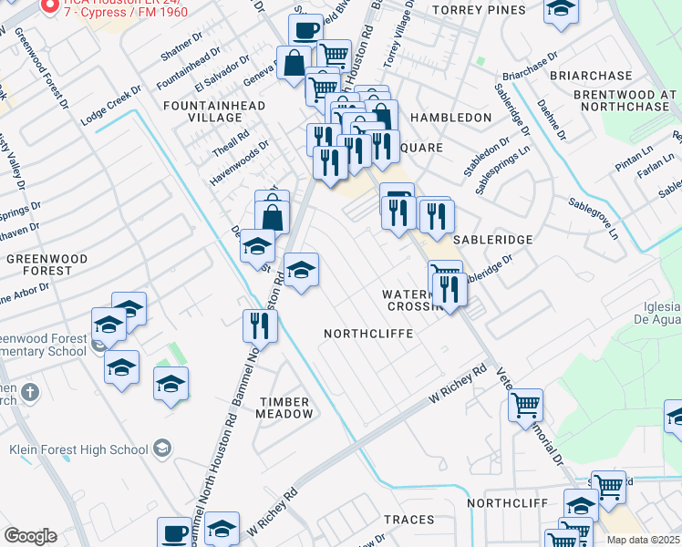 map of restaurants, bars, coffee shops, grocery stores, and more near 4322 Windrift Drive in Houston