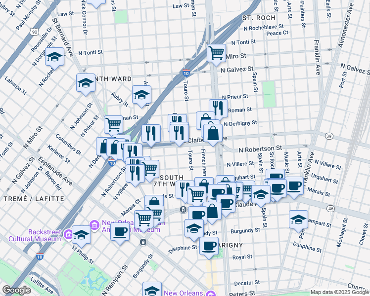 map of restaurants, bars, coffee shops, grocery stores, and more near 1928 North Claiborne Avenue in New Orleans