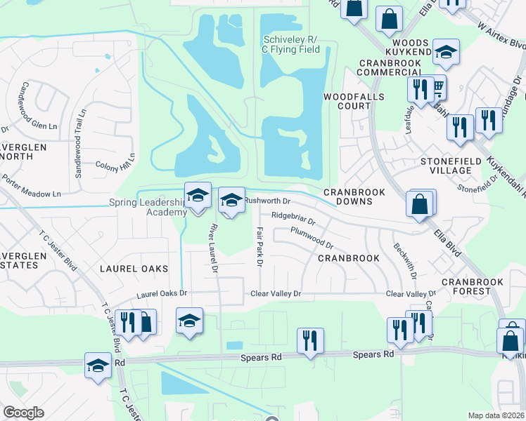 map of restaurants, bars, coffee shops, grocery stores, and more near 1742 Ridgebriar Drive in Houston