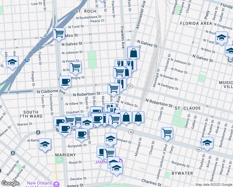 map of restaurants, bars, coffee shops, grocery stores, and more near 1436 Franklin Avenue in New Orleans