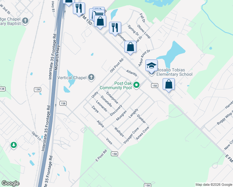 map of restaurants, bars, coffee shops, grocery stores, and more near 249 Endeavour in Kyle