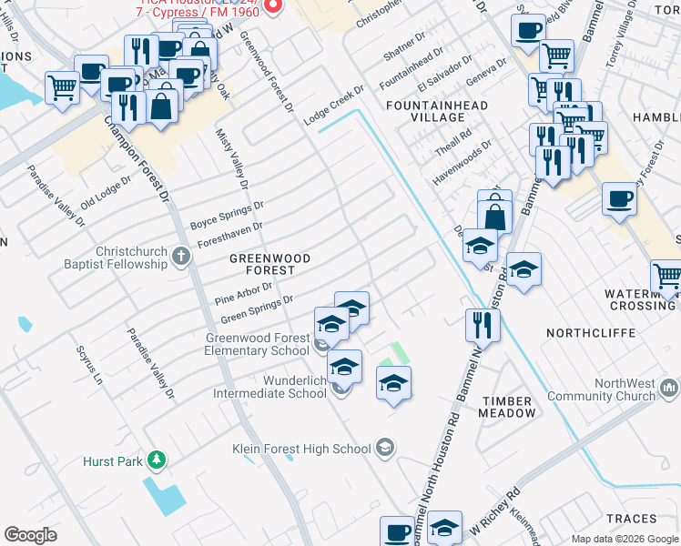 map of restaurants, bars, coffee shops, grocery stores, and more near 5322 Green Springs Drive in Houston