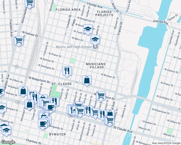 map of restaurants, bars, coffee shops, grocery stores, and more near 1740 Alvar Street in New Orleans