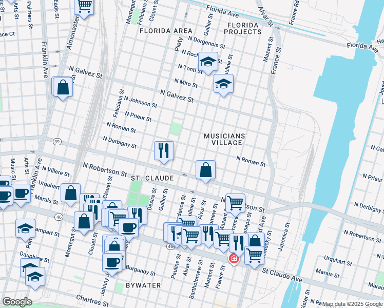 map of restaurants, bars, coffee shops, grocery stores, and more near 1737 Independence Street in New Orleans