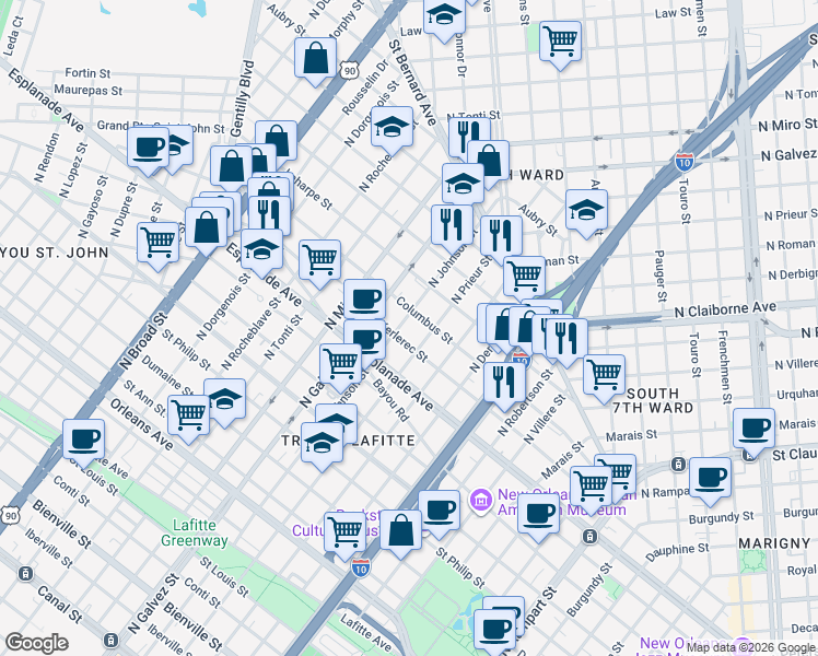 map of restaurants, bars, coffee shops, grocery stores, and more near 1922 Columbus Street in New Orleans