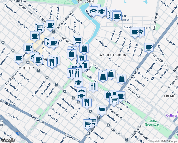 map of restaurants, bars, coffee shops, grocery stores, and more near in New Orleans
