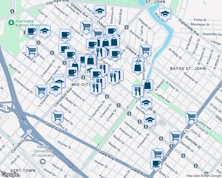 map of restaurants, bars, coffee shops, grocery stores, and more near 3701 Iberville Street in New Orleans