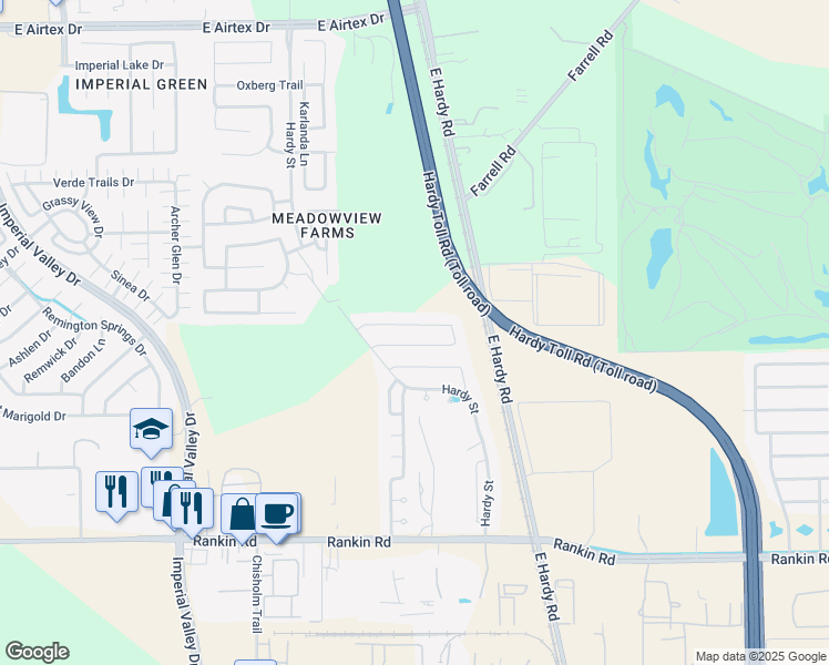 map of restaurants, bars, coffee shops, grocery stores, and more near 1042 Steel Blue Drive in Houston