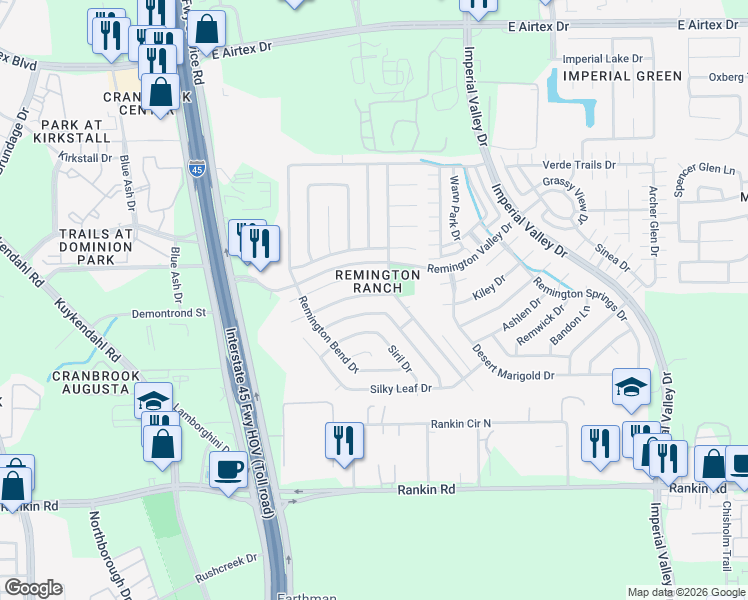 map of restaurants, bars, coffee shops, grocery stores, and more near 414 Remington Ridge Drive in Houston