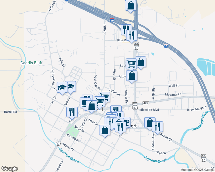 map of restaurants, bars, coffee shops, grocery stores, and more near 705 5th Street in Comfort