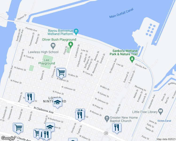 map of restaurants, bars, coffee shops, grocery stores, and more near 2325 Winthrop Street in New Orleans