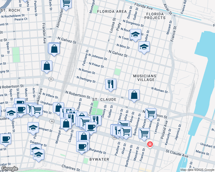 map of restaurants, bars, coffee shops, grocery stores, and more near 3334A North Derbigny Street in New Orleans